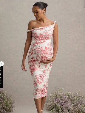Club L London Cream One-Shoulder Floral Midi Dress with Pink Print